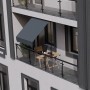 Graue Juskys Klemmmarkise Kapstadt 200x120 cm am Balkon mit Tisch und Stühlen.