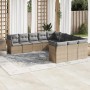Beige 11-tlg. Garten-Sofagarnitur aus Polyrattan mit grauen Kissen. Modulares Lounge-Set für Terrasse und Garten.