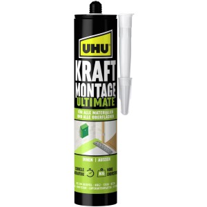 Uhu Montagekleber Kraft Montage Ultimate, 440g, weiß. Universell einsetzbarer Kleber für Holz, Stein, Metall.