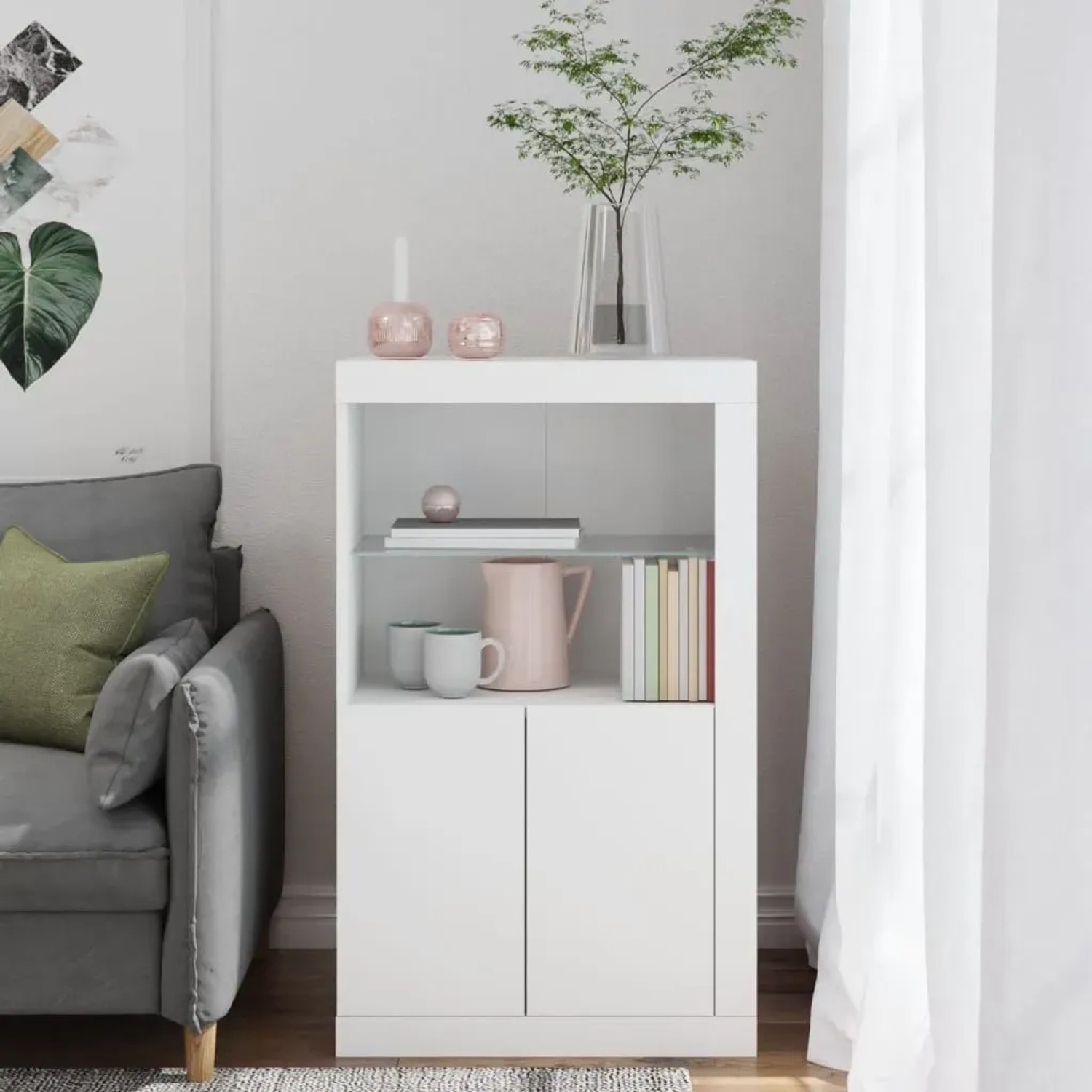 Weißer vidaXL Beistellschrank/Büroschrank mit LED-Leuchten und zwei Türen.
