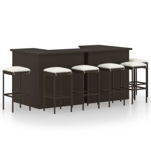 8-tlg. Gartenbar-Set aus braunem Rattan mit 2 Bartischen und 6 Hockern mit cremefarbenen Kissen.