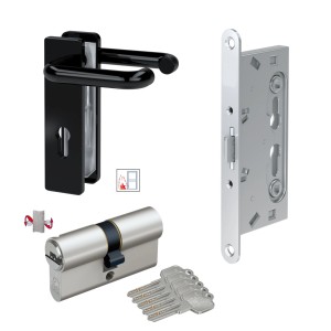 Basi Komplettset ZT/FS 2150 Schwarz: Schutzbeschlag, Einsteckschloss, Zylinder und Schlüssel für Feuerschutztüren.