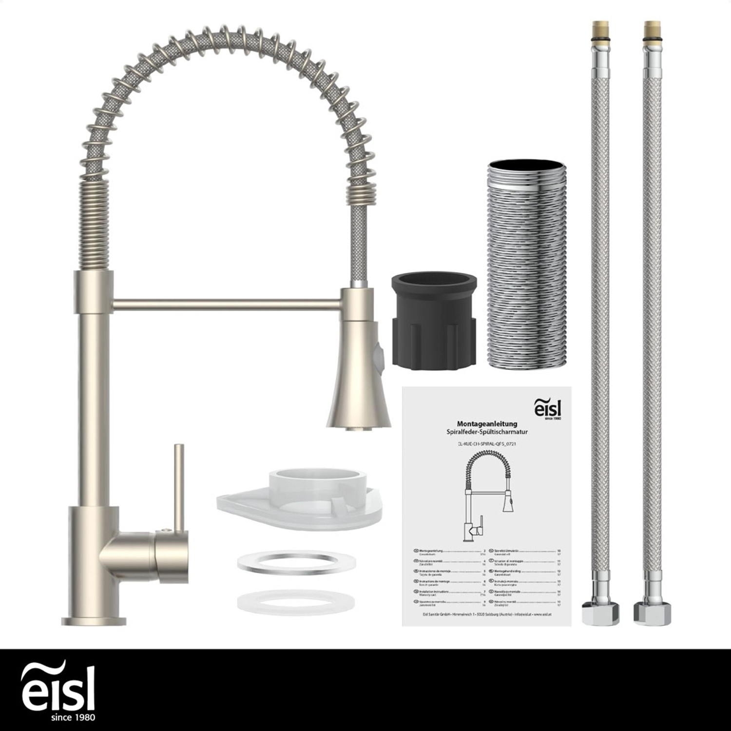 Eisl Spültischarmatur Leon mit Geschirrbrause in Edelstahloptik, inklusive Zubehör und Montageanleitung.