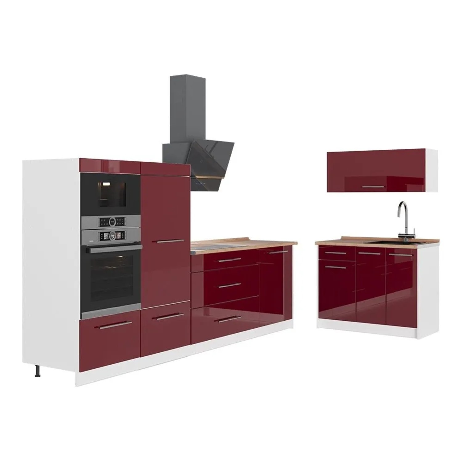Vicco Küchenzeile Fame-Line Bordeaux Hochglanz/Weiß 380 x 154 AP Eiche Art Nr 64137