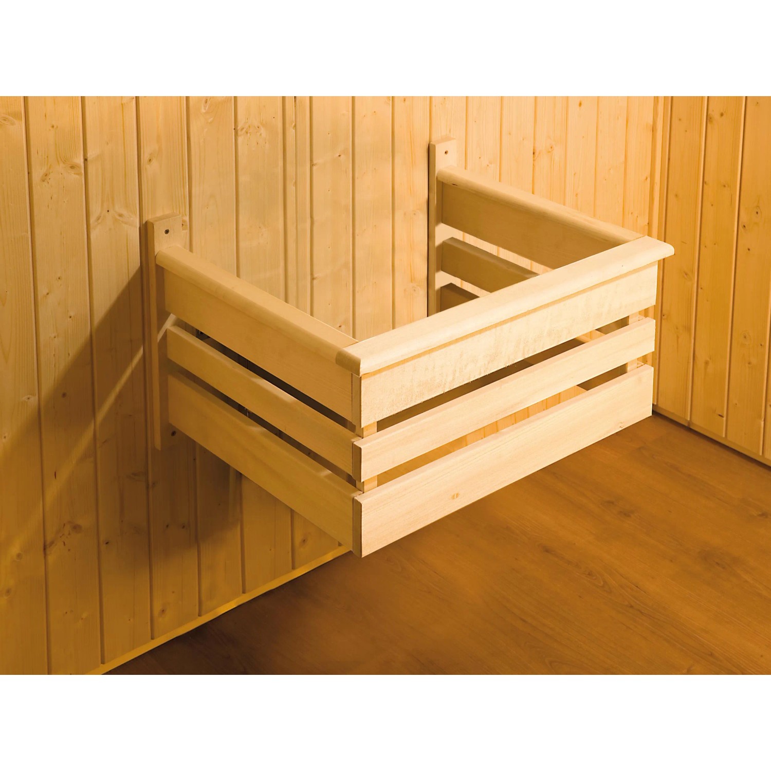 Detailansicht der Weka Element-Ecksauna Varberg: Holzkonstruktion der Liegefläche.