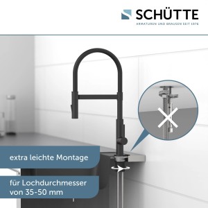 Schütte Miami Spültischarmatur, schwarz-matt, mit Montagehinweis für einfache Installation.