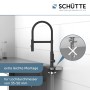 Schütte Miami Spültischarmatur, schwarz-matt, mit Montagehinweis für einfache Installation.