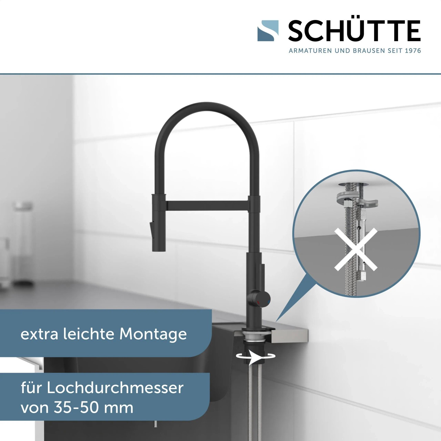 Schütte Miami Spültischarmatur, schwarz-matt, mit Montagehinweis für einfache Installation.