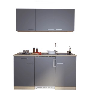 Respekta Miniküche KB150ESG, 150 cm, Grau, mit Spüle, Kühlschrank und Kochfeld.