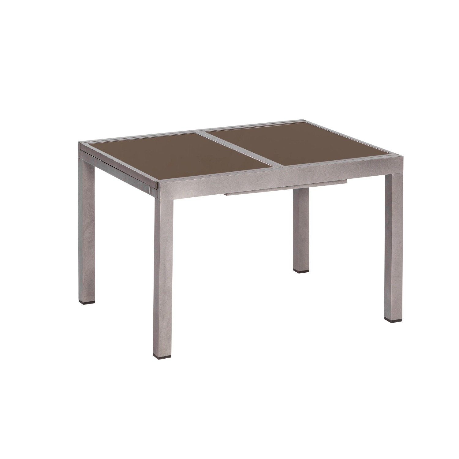 Rechteckiger, ausziehbarer Merxx Gartentisch AZ-Tisch (100x75 cm) mit brauner Glasplatte und Aluminiumgestell.