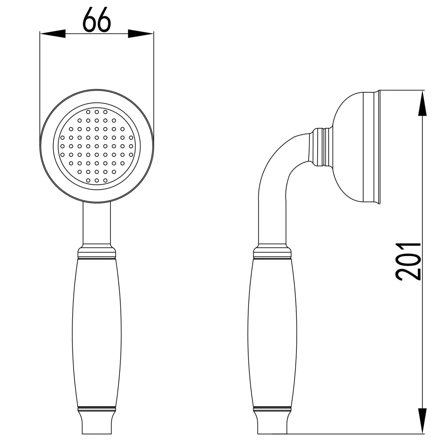 Technische Zeichnung einer PaulGurkes Handbrause im Nostalgie-Design. Runder Duschkopf, Maße 201x66mm. Für Brausesets.