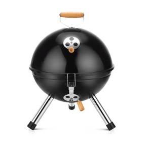 Schwarzer Relaxdays Kugelgrill aus Stahl, tragbar, mit Holzgriff und Lüftungsreglern. Ideal für Camping & Picknick.