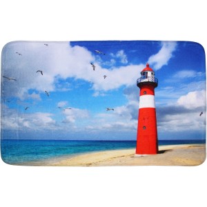 Sanilo Badteppich Leuchtturm, 50x80 cm, mit Leuchtturm-Motiv vor blauem Himmel.