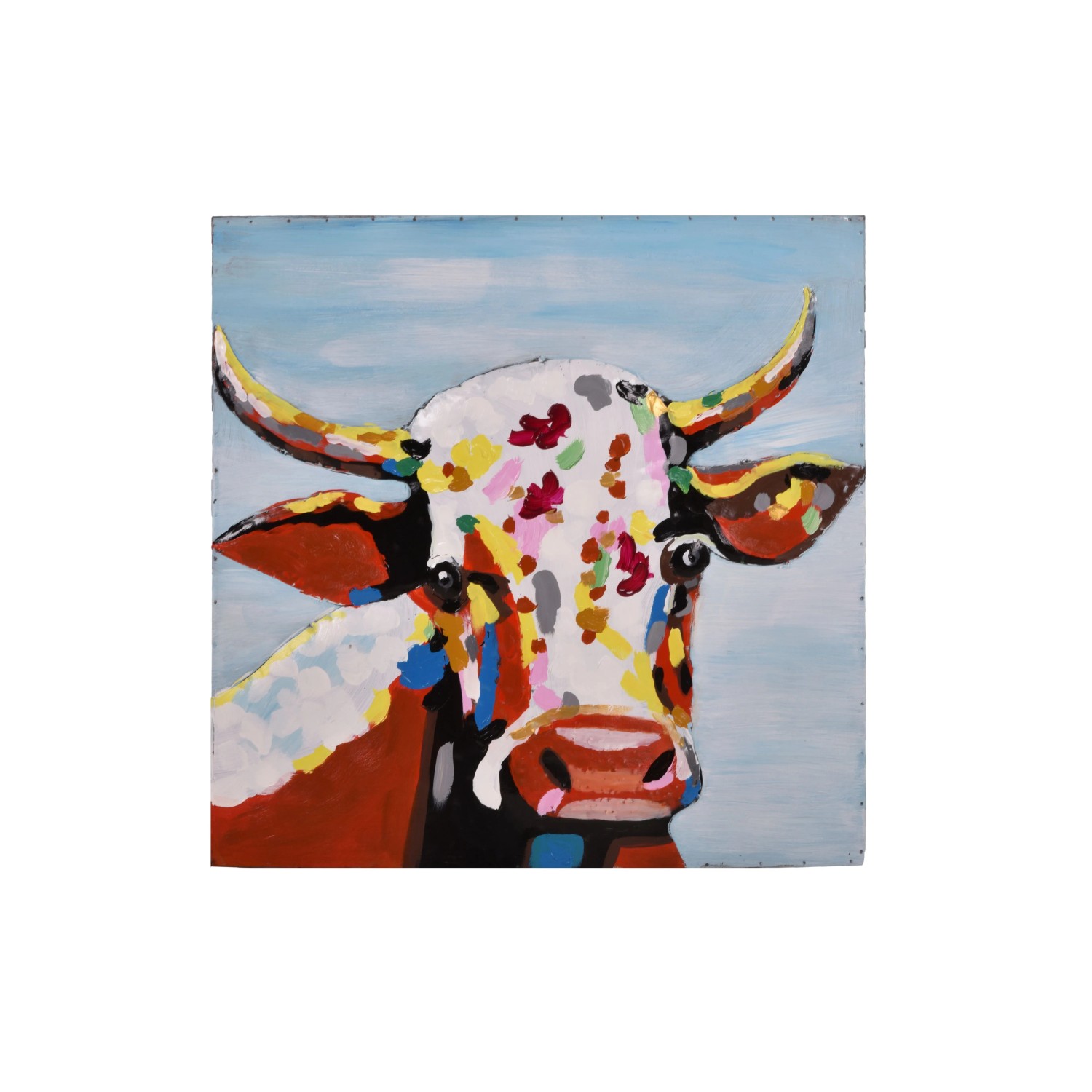 DELUKE 3D-Metallbild Kuh Stahl Bunt 6x80x80cm Wandbild Wohnzimmerbild Dekobild Flur Büro