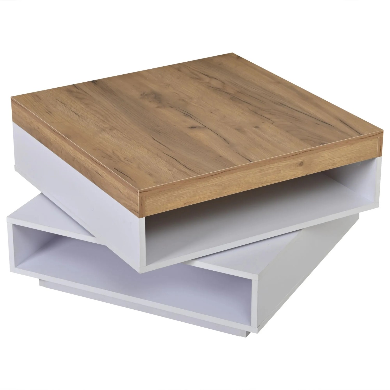okwish Couchtisch mit LED Schubladen Drehbar 65x65x40cm Hochglanz Weiß