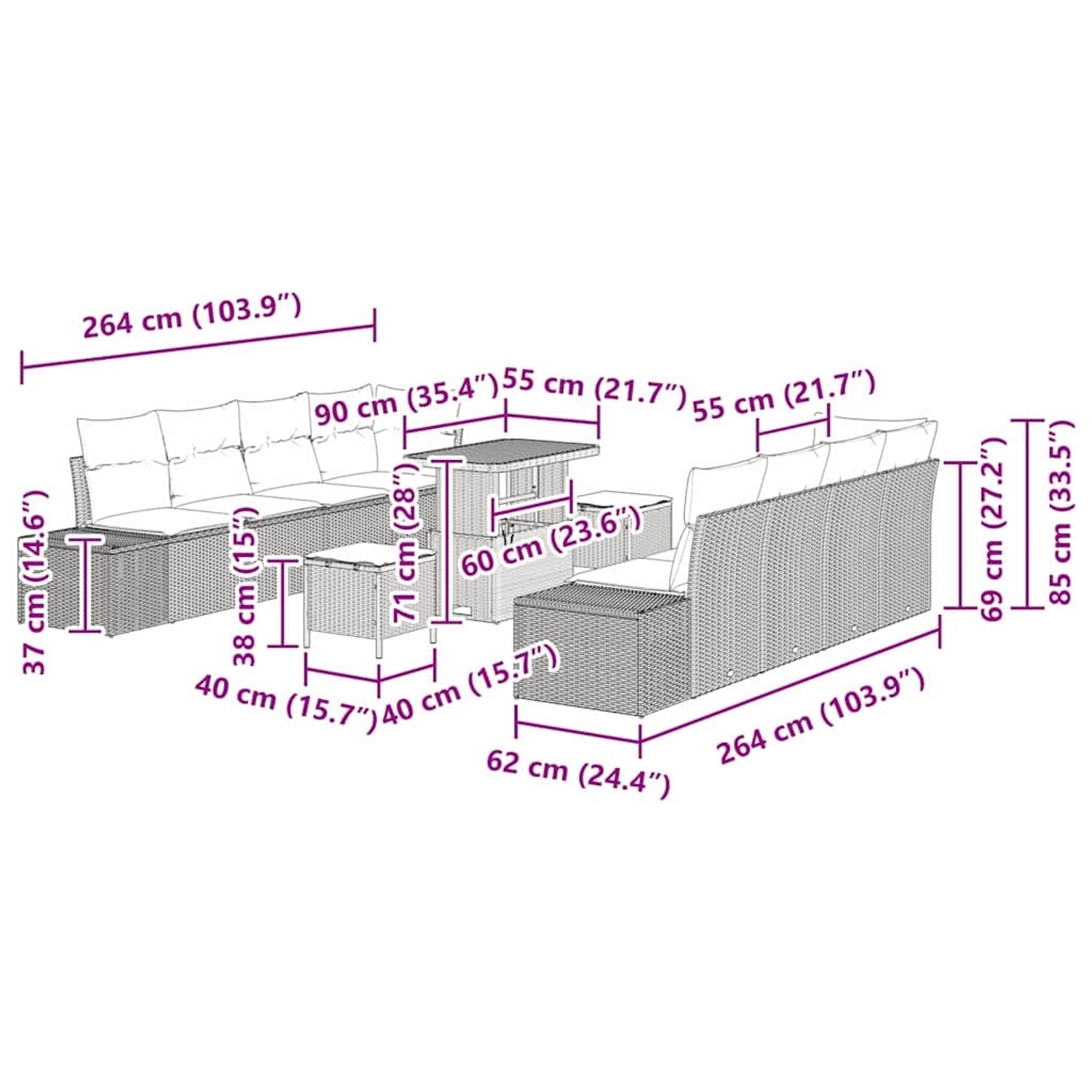Graues 11-tlg. vidaXL Garten-Sofa-Set aus Polyrattan mit Tisch und Kissen.