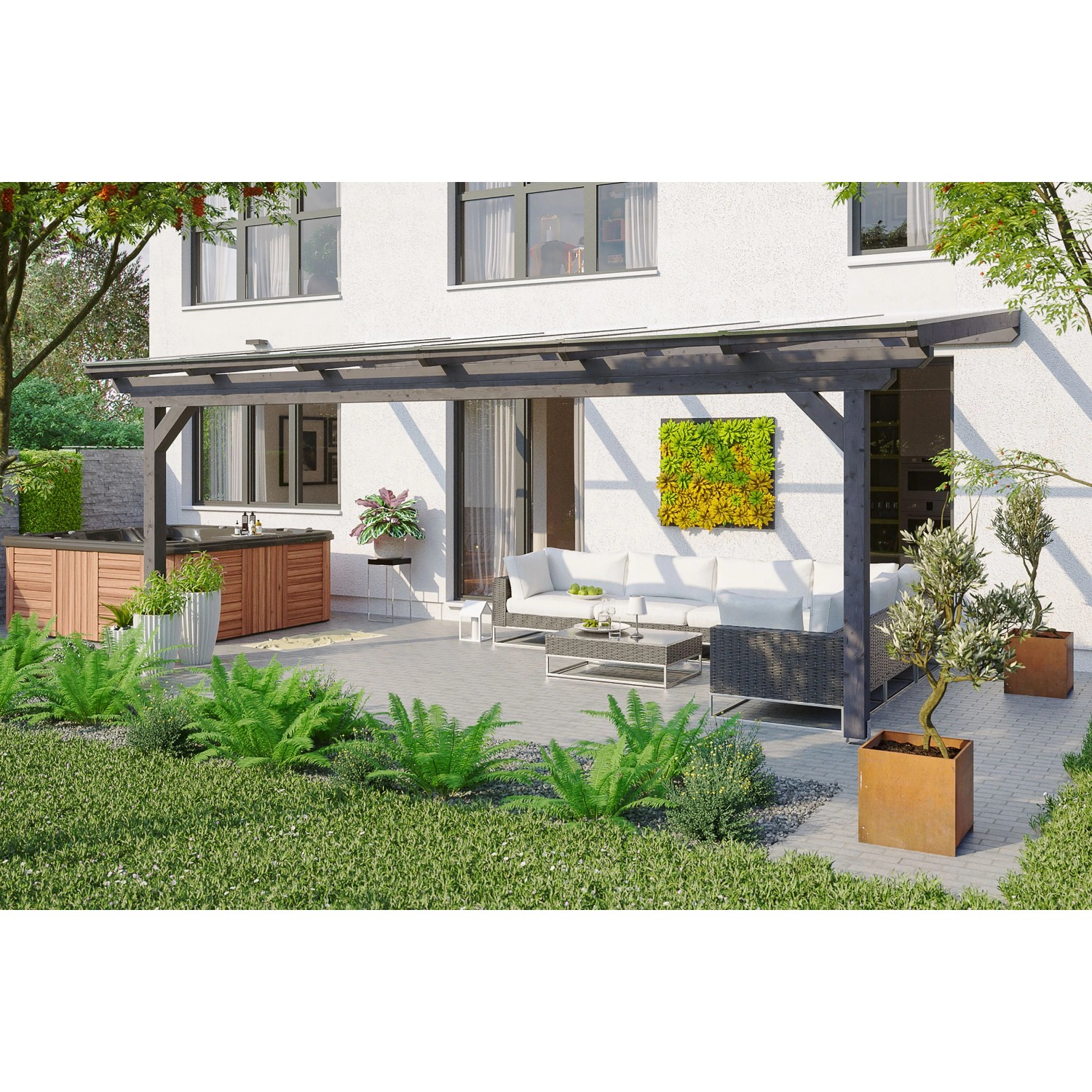 Skan Holz Terrassenüberdachung Ancona 648 x 400 cm Leimholz Schiefergrau