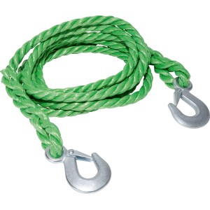 Grünes OBI Abschleppseil 2,5 t mit Haken für Pannenhilfe.