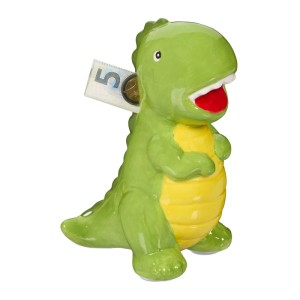 Relaxdays Spardose Dinosaurier Keramik Grün Gelb Rot Rutschfest 19 cm x 10 cm x 15,5 cm