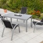 5-teiliges Gartenmöbelset Amalfi in Schwarz mit Stapelsesseln und Tisch mit Glasplatte.