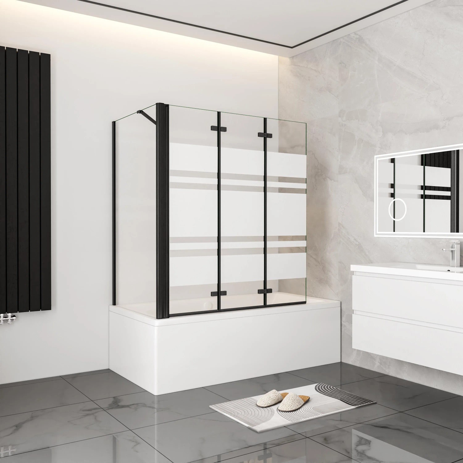 Schwarze AICA Faltwand, 130cm, 3-teilig mit 70cm Seitenwand, 6mm Nano ESG Glas für Badewanne.
