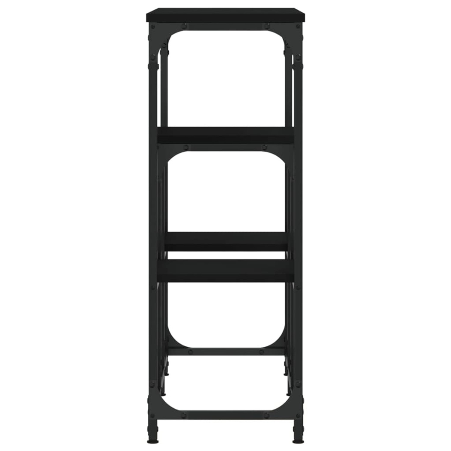 Schwarzer vidaXL Konsolentisch (89,5x28x76 cm) aus Holzwerkstoff und Stahl, mit drei Ablagen.