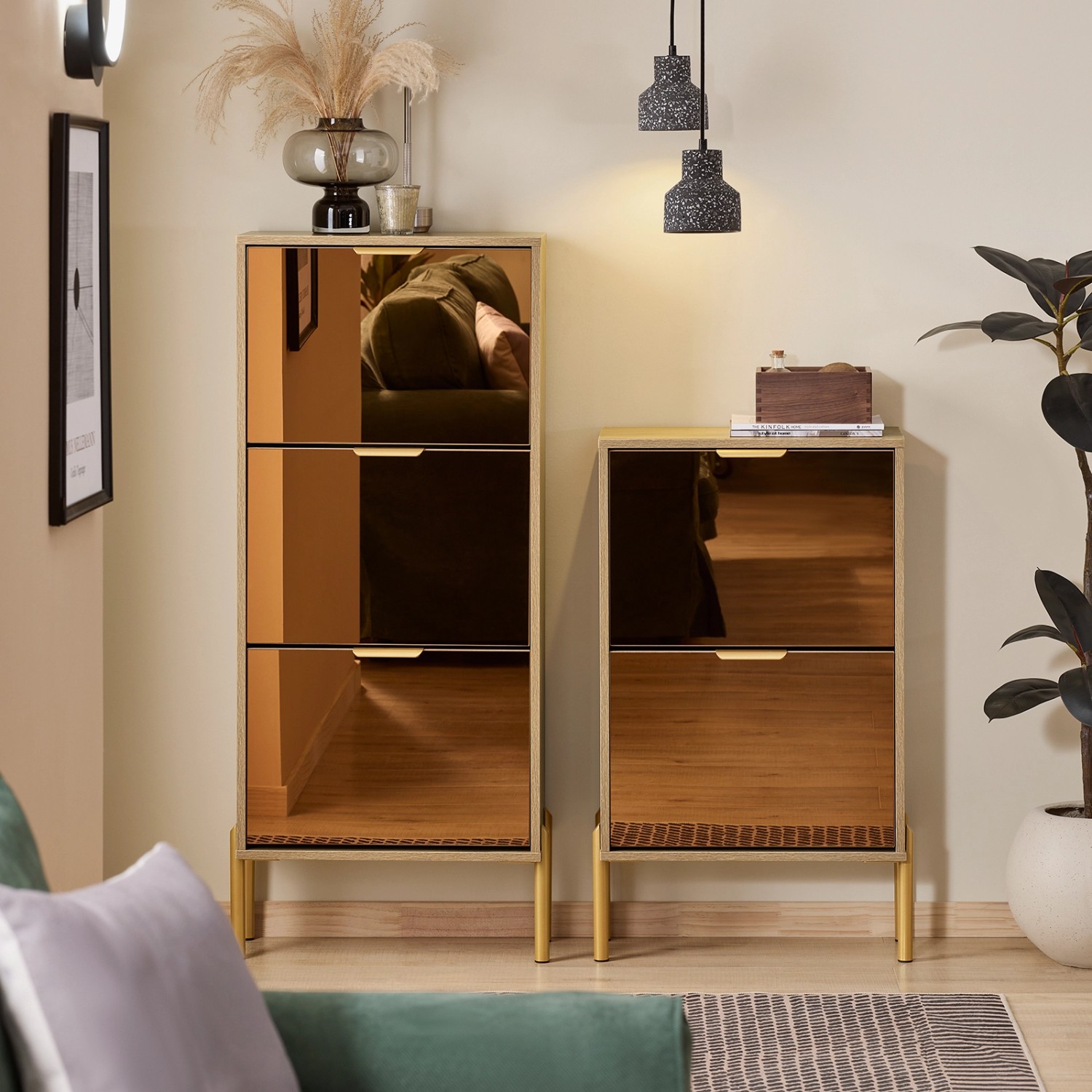 SoBuy Schuhkipper mit 3 Klappen Schuhschrank Schmal für Diele Gold FSR181-H-G_2