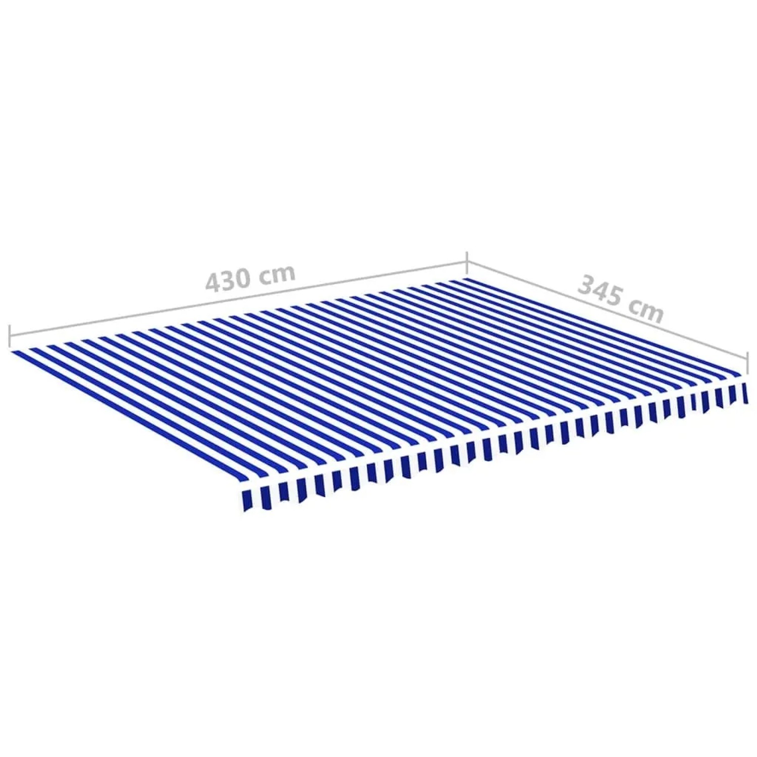 Blau-weiß gestreifte DELUKE Markisenbespannung mit Volant. Wasserabweisender Markisenstoff für Terrassenüberdachungen.