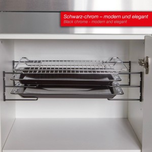 SOTECH Backblechhalter Schwarz Chrom in weißem Küchenschrank, hält 2 Backbleche und 1 Gitterrost. Ordnung für Küchenausstattung.