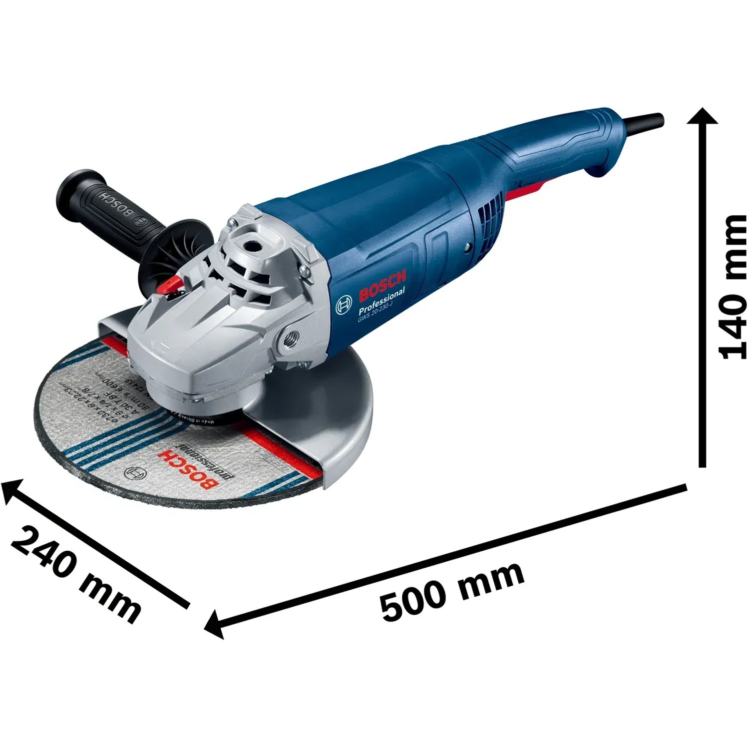 Bosch Professional Winkelschleifer GWS 20-230 J mit Trennscheibe und Zusatzhandgriff.