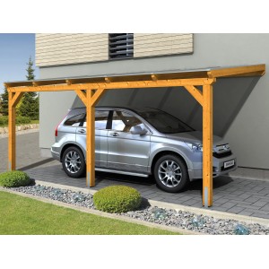 Skan Holz Carport Vogtland, Eiche hell, 300x541 cm, mit Auto unter dem Unterstand.