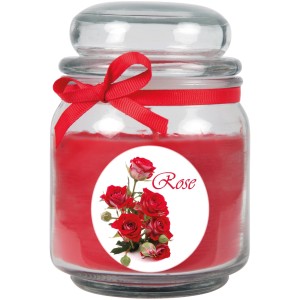 Duftkerze Rose im Glas mit roter Schleife, Ø9cm. Dekorative Kerze für entspannte Atmosphäre.