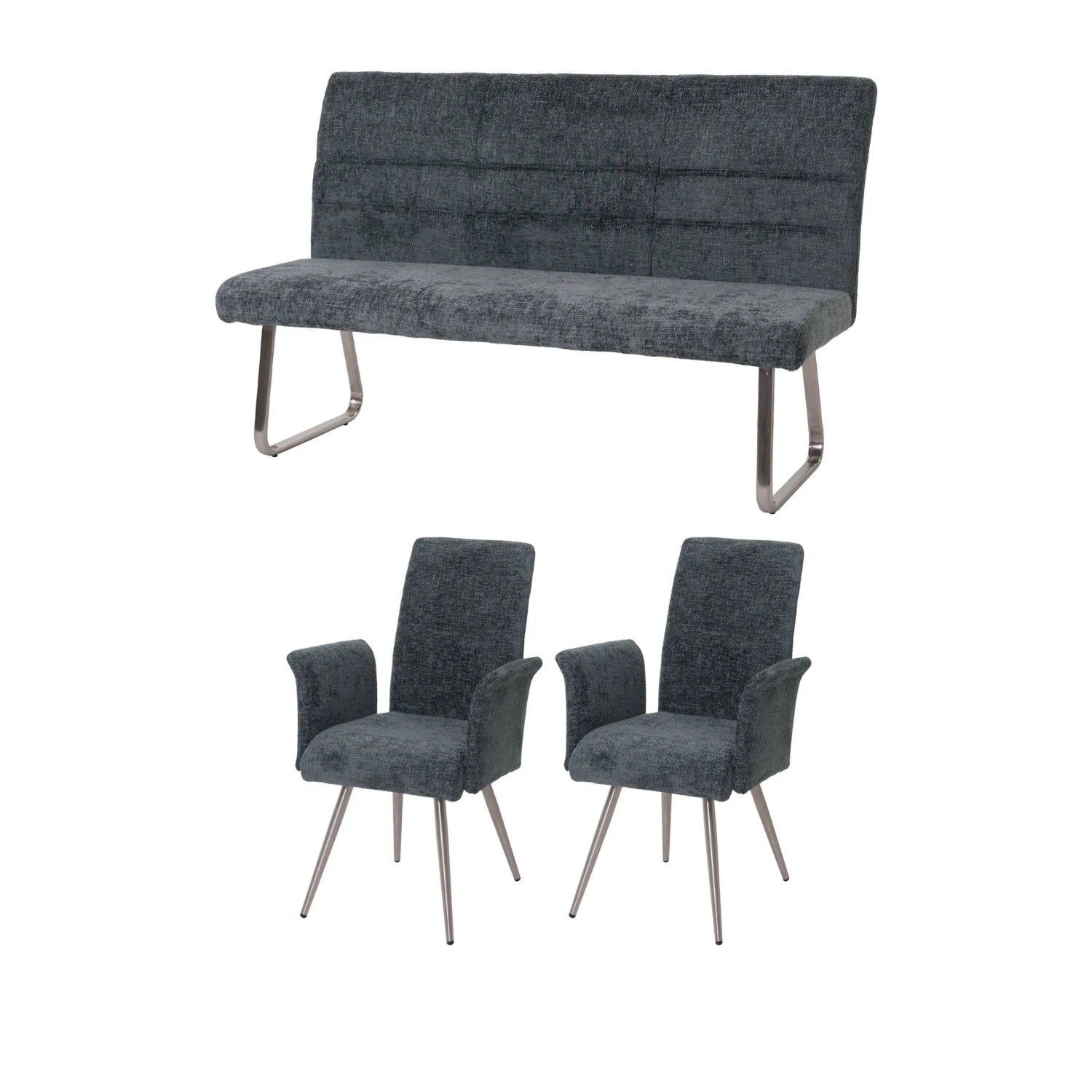 MCW Esszimmer-Set G55 2er-Set Stuhl Mit Armlehne+Sitzbank 160cm 3-teilig Stoff Chenille Blau-Grün