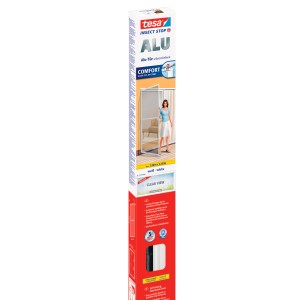 Verpackung des Tesa Fliegengitter Alu Rahmen Comfort Tür, weiß, 240x120cm.
