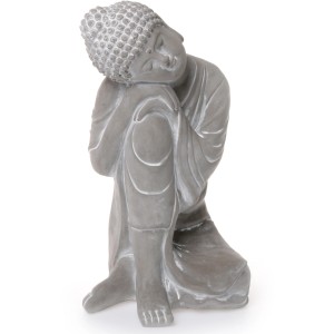 Sitzender Buddha Gartenfigur aus Beton, grau-weiß, 30 cm hoch. Dekorative Gartendeko für den Außenbereich.