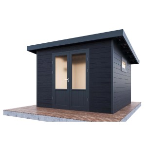 Modernes, anthrazitfarbenes WPC Gartenhaus Terra 3030 mit Doppeltür und Fenster. Ideal zur Geräteaufbewahrung.