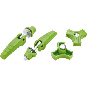 Schnellspanner-Set für Akku-Rasenmäher, grüne Kunststoff- und Metallteile.