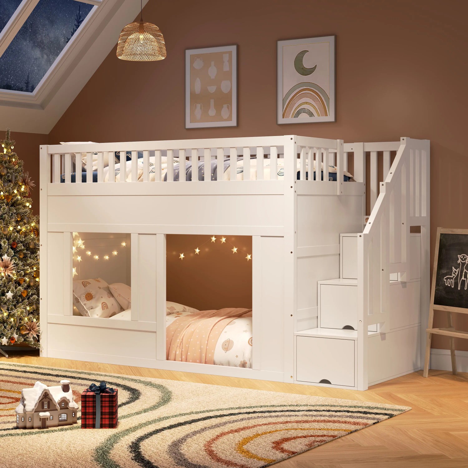 Merax Hochbett 90 x 200 cm mit Treppenschrank Spielfläche Weiß