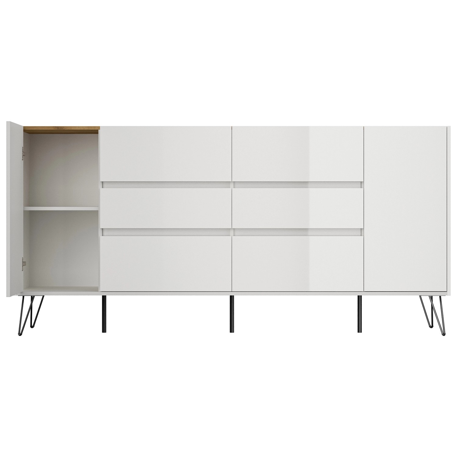 Posseik Sideboard Industrial R, weiß/Eiche, 200 cm breit, mit 6 Schubladen und 2 Türen.
