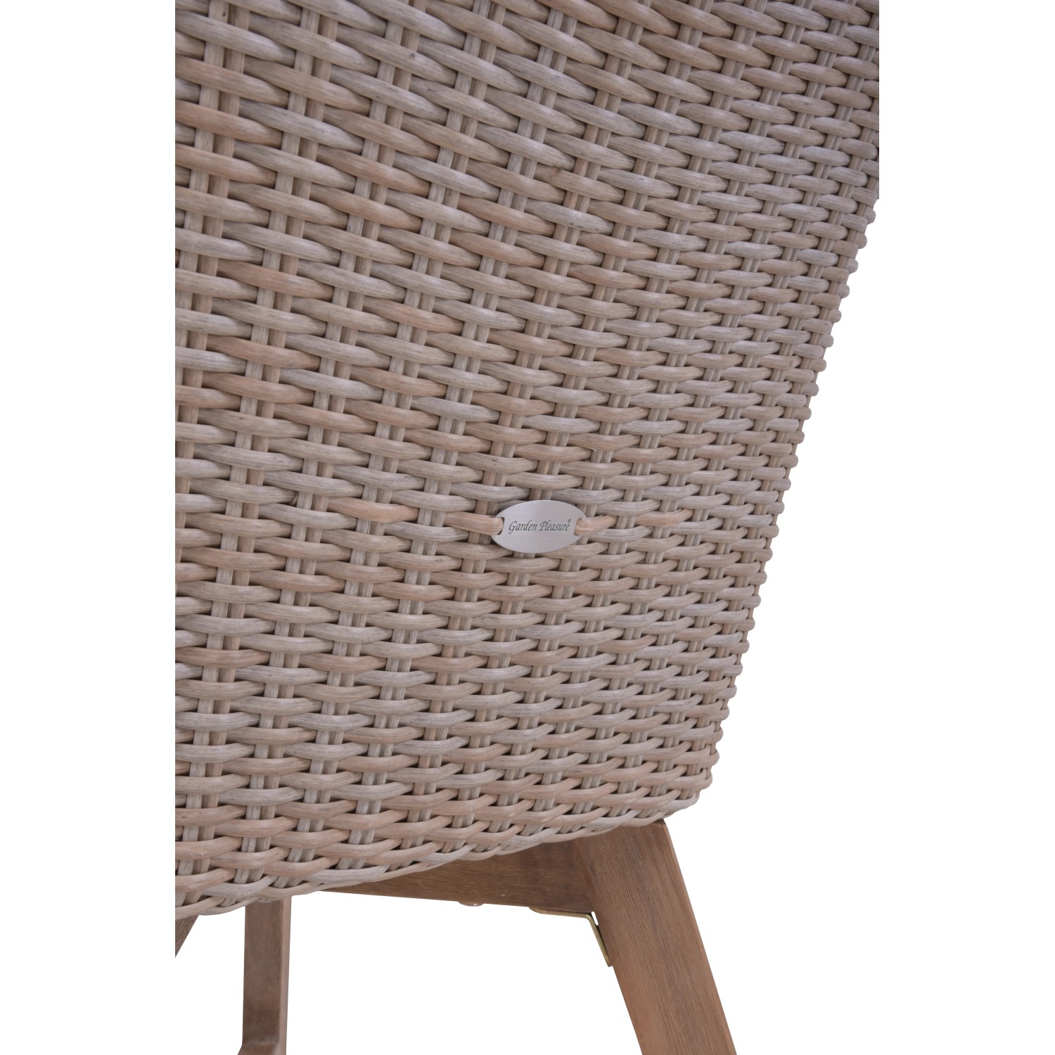 Detailansicht: Grauer Garden Pleasure Sessel Oakland (4er-Set) mit Akazienholz-Beinen und Kunststoffgeflecht.