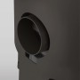 Detailaufnahme des Justus Kaminofen Faro 2.0, Stahl schwarz, Abgasrohranschluss sichtbar.