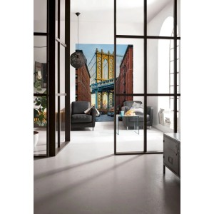 Sanders & Sanders Fototapete Brooklyn in Braun, Gelb und Blau, 184x248 cm, im Wohnraum.