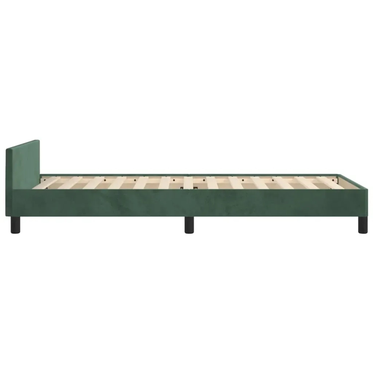 Dunkelgrünes Samt-Bettgestell 90x200 cm mit Kopfteil. Bett mit Lattenrost und schwarzen Füßen.