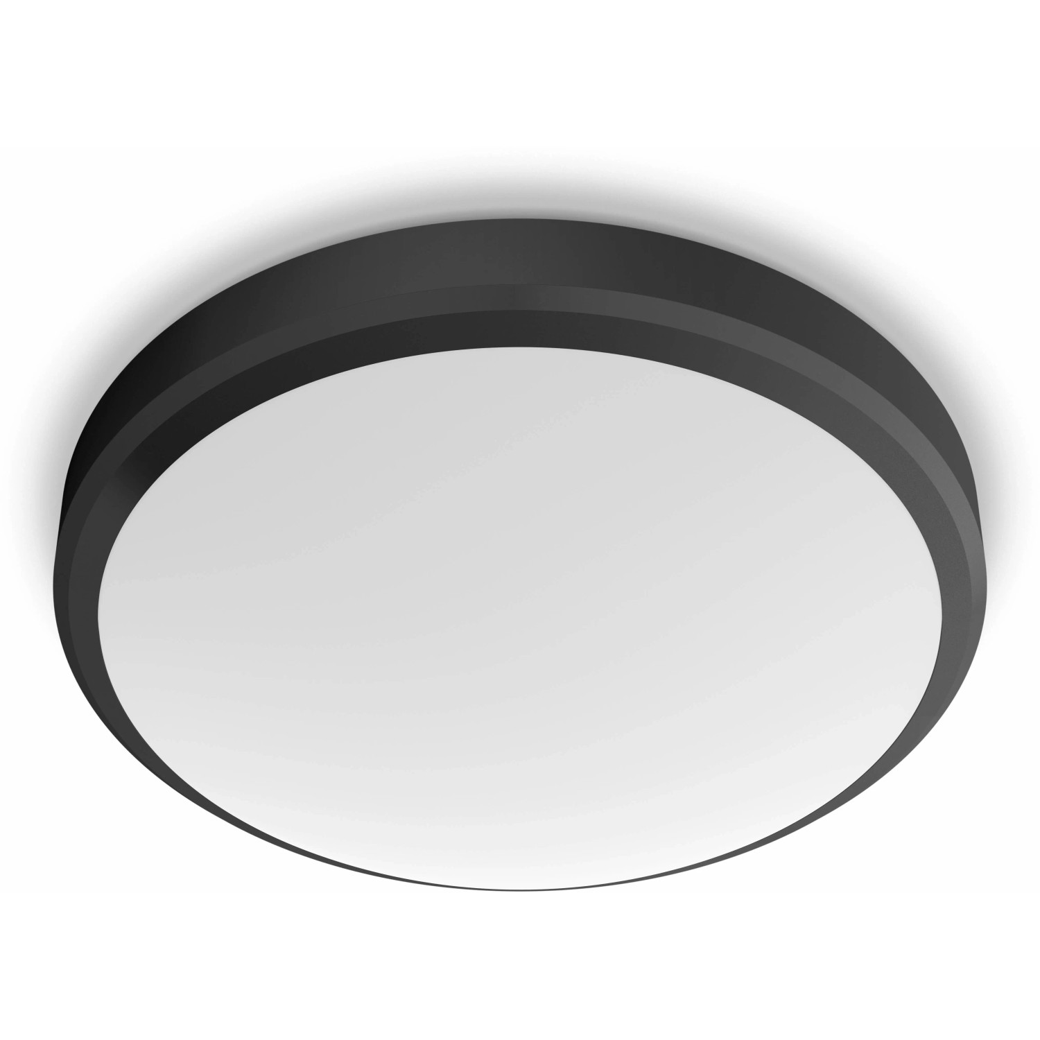 Schwarze Philips LED Deckenleuchte Doris, 6W, 2700K, IP44. Runde Form mit weißem Lichtelement.