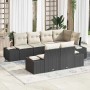 Schwarzes 7-teiliges Garten-Sofa-Set mit creme-farbenen Kissen aus Poly Rattan.
