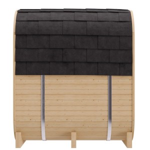 Dewello Fasssauna Richmond aus Fichtenholz mit Bitumenschindeln.