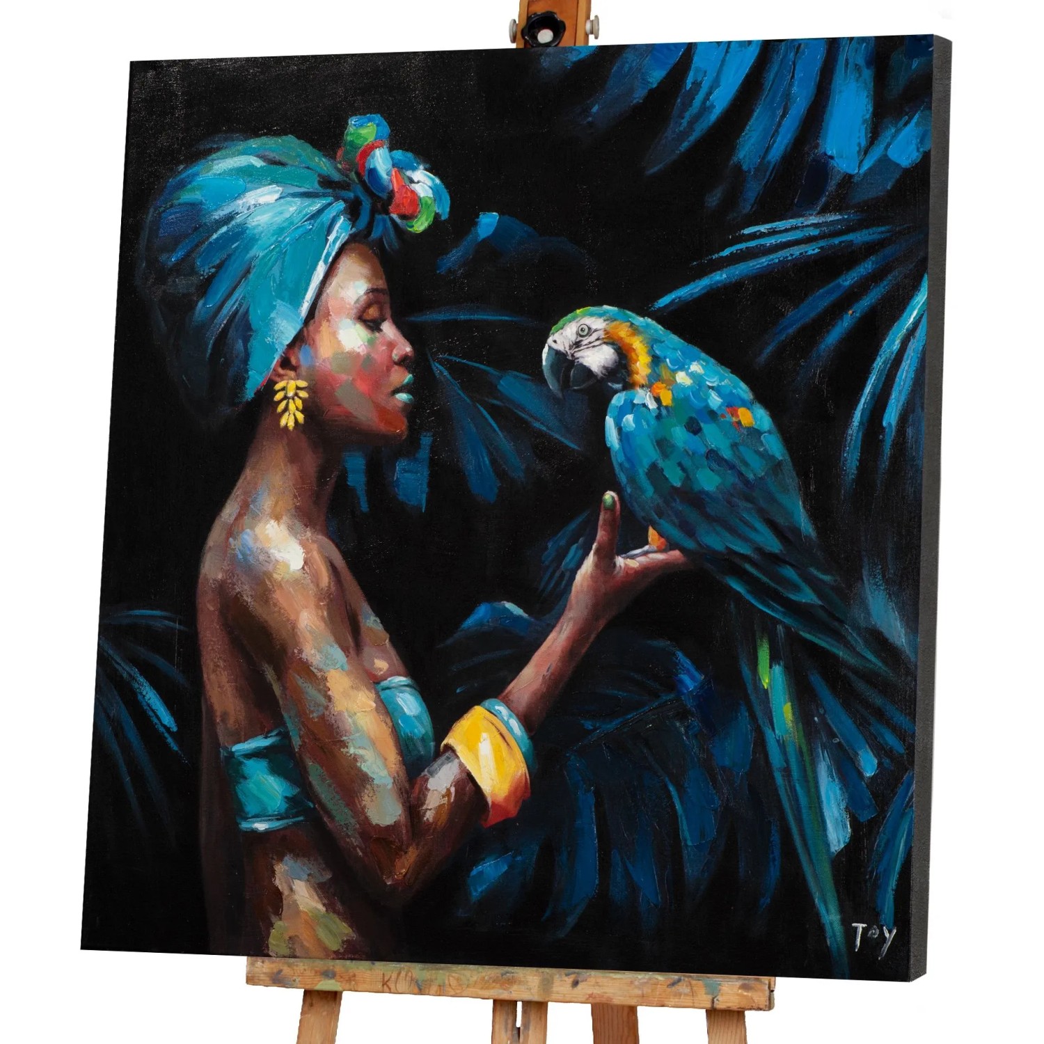 Art Universe Leinwandbild Schönheit mit Blauem Papagei 100 x 100 cm