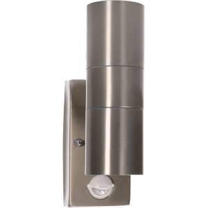 Moderne LED Außenwandleuchte aus Edelstahl mit IR-Sensor für den Außenbereich.