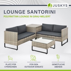 Graue Juskys Polyrattan Lounge Santorini mit Tisch und Auflagenbox für den Garten.