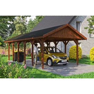 Satteldach-Carport Wallgau in Nussbaum mit schwarzen Schindeln und Auto.